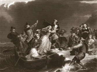 Peregrinos desembarcando en Plymouth Rock en 1620, pub.1869